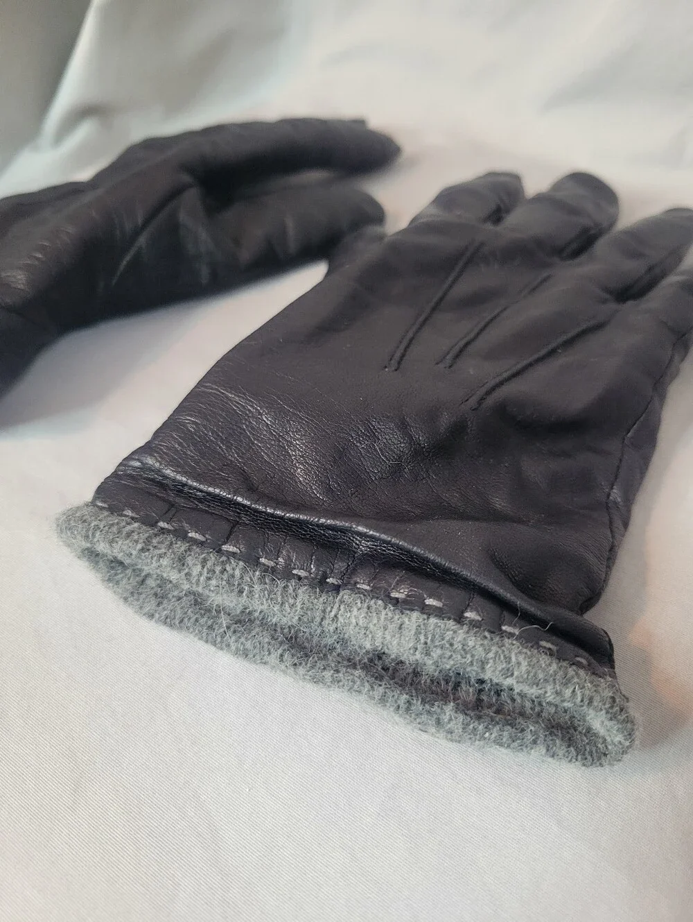 Vintage Black Leather Gloves with Gray Knit Cuffs
